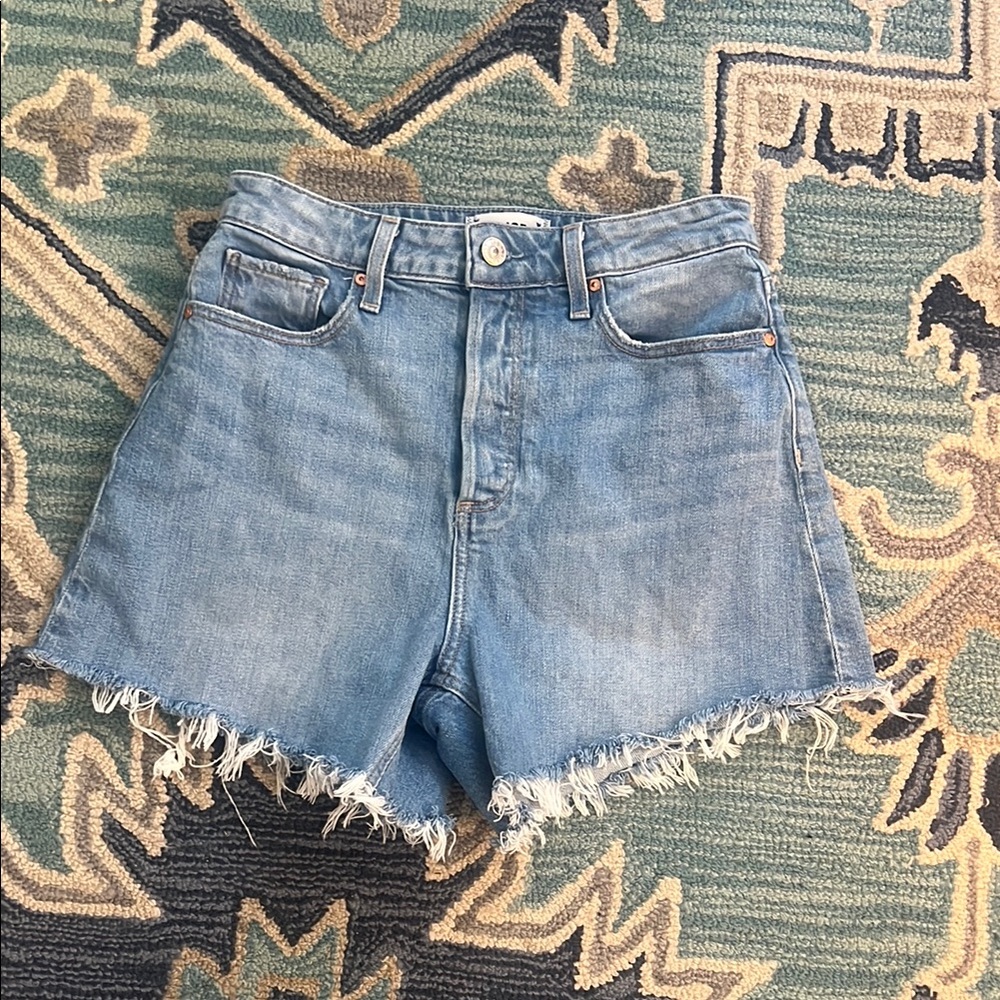 PAIGE Light Blue Frayed Jean Shorts